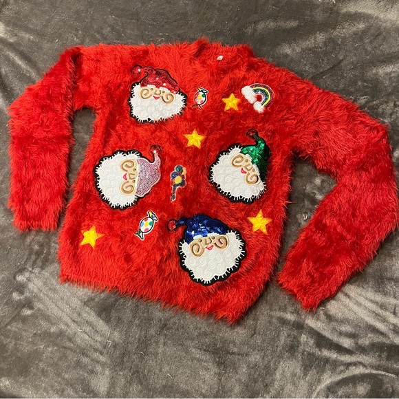 Soft Plush Fuzzy Christmas Sweater Vintage Inspired Sequins Santa Star Holiday - Picture 5 of 17